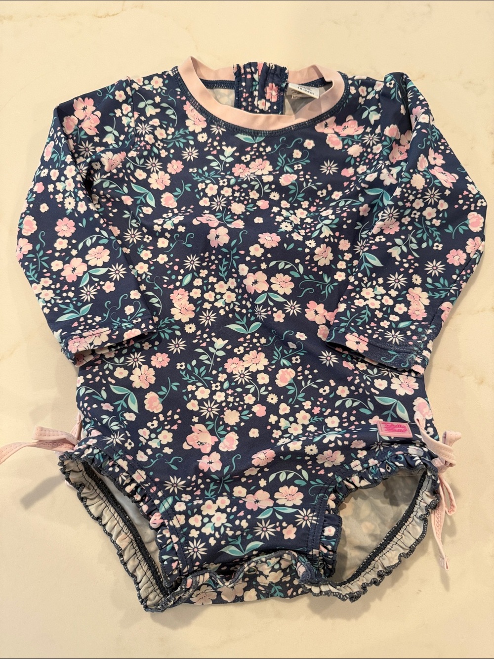 Navy Floral Long-Sleeve Baby Swimsuit - Pink & Teal Flowers